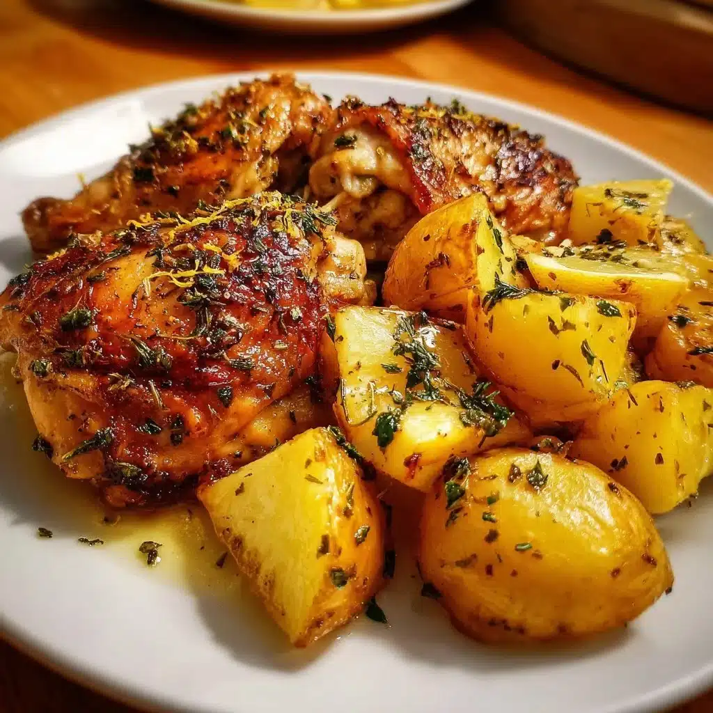 Plate of Greek lemon chicken served with roasted potatoes and garnished with herbs.