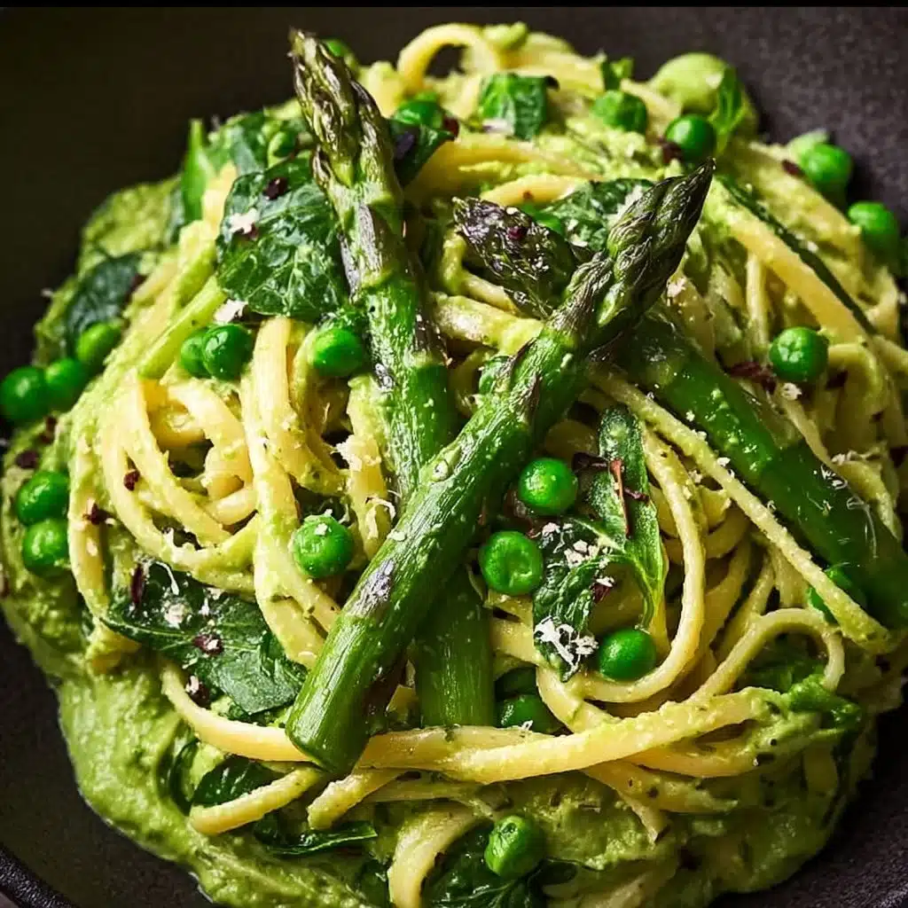 Green Goddess Fettuccine with creamy spinach sauce, asparagus, and peas in a bowl
