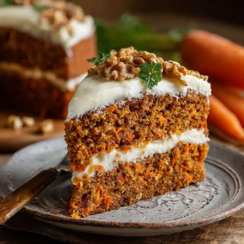 Slice of healthy classic carrot cake topped with cream cheese frosting