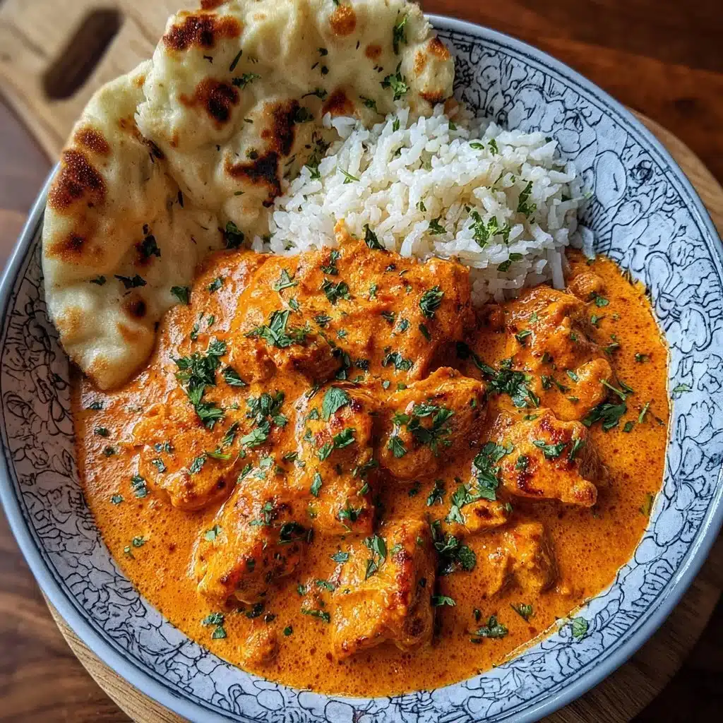 Homemade butter chicken dish with rice and naan bread, a delicious Indian recipe.