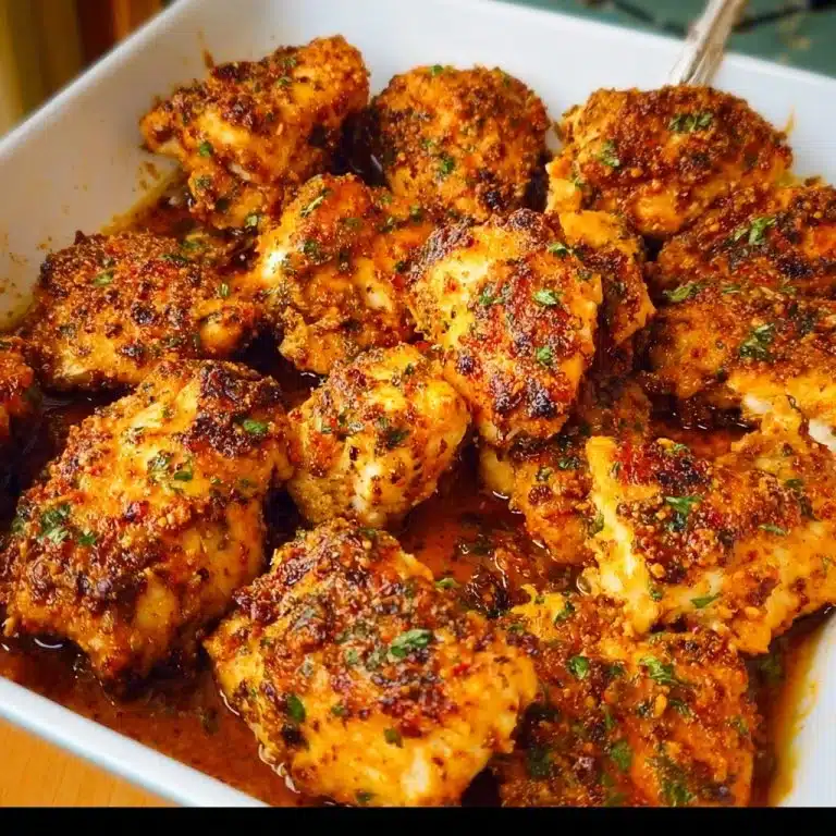 Juicy oven baked chicken bites ready to serve on a plate.