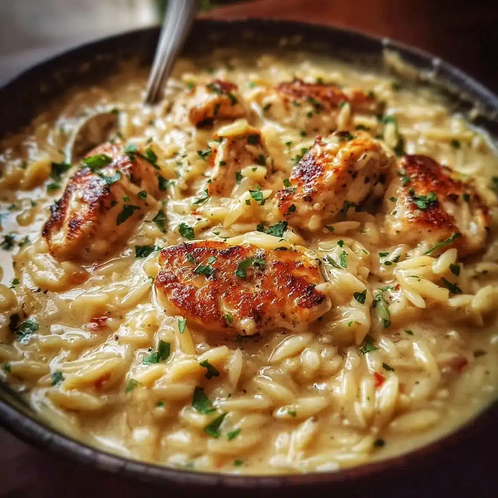 Delicious Marry Me Chicken Orzo served in a bowl with herbs and a fork