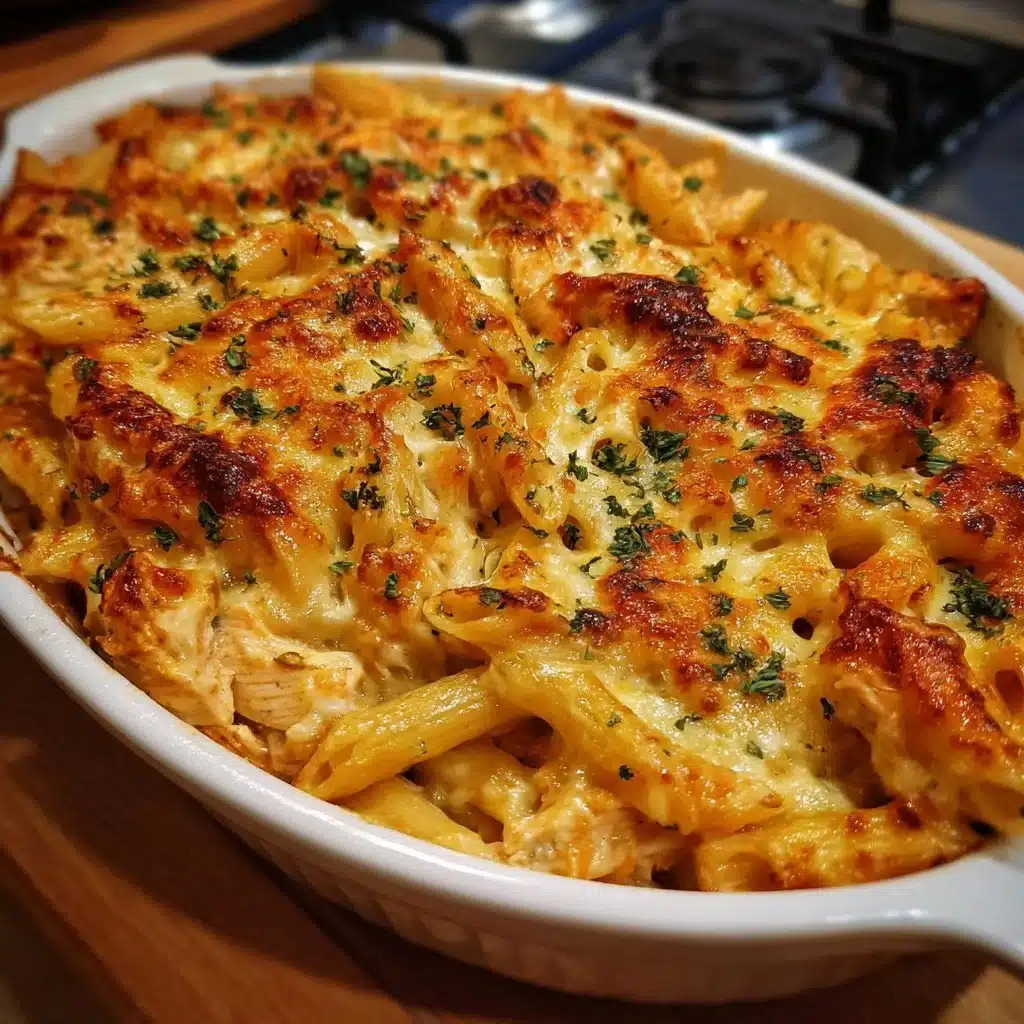 Delicious Marry Me Chicken Pasta Bake topped with cheese and herbs