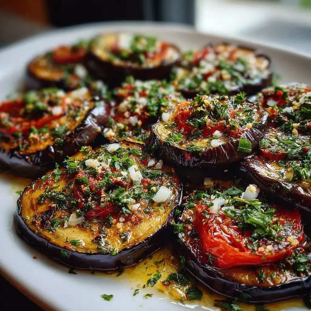 Mediterranean roasted eggplant dish served with garnishes and herbs