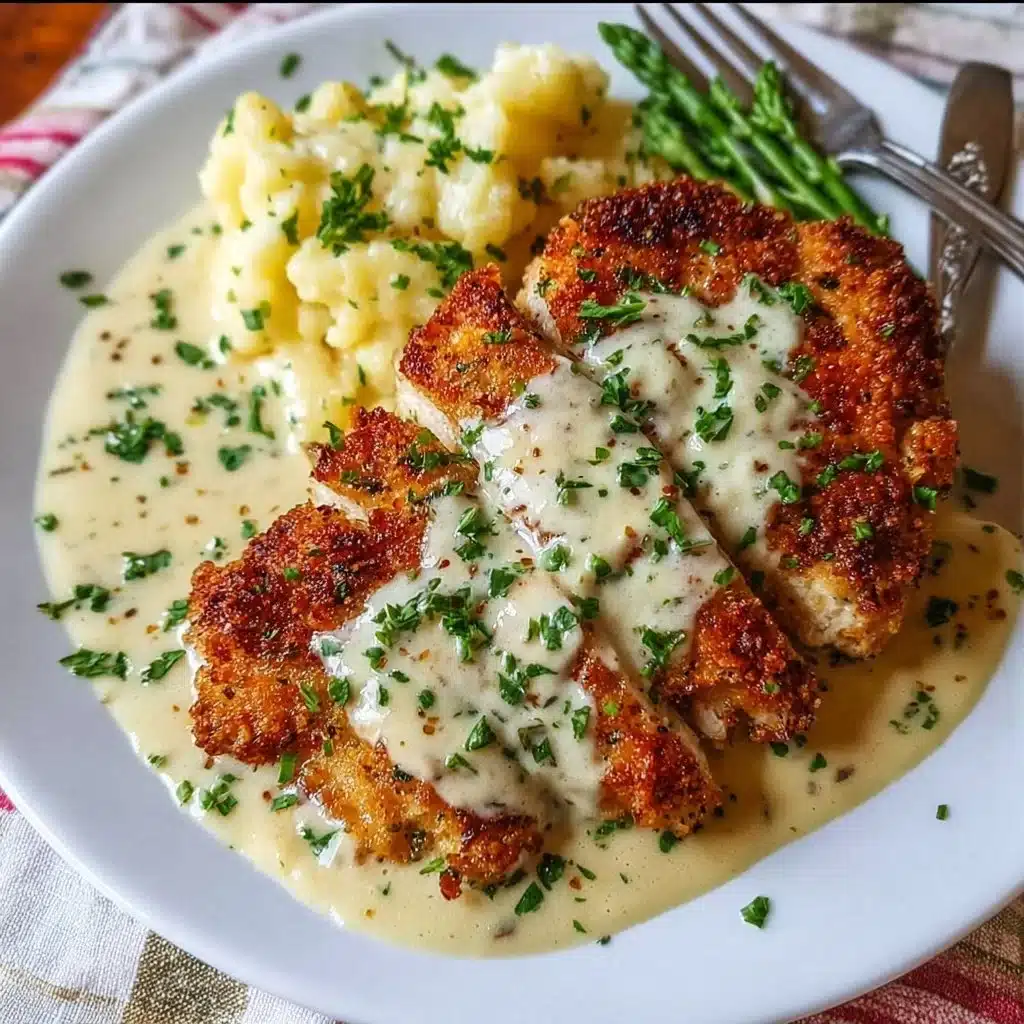Parmesan Crusted Chicken with Creamy Garlic Sauce 1 Parmesan Crusted Chicken served with creamy garlic sauce on a plate