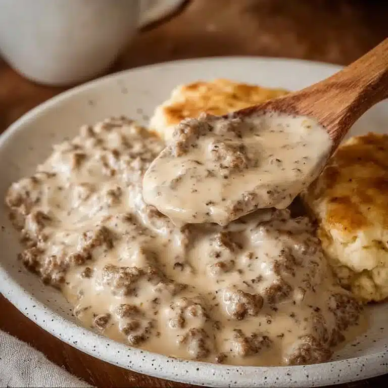 Delicious homemade sausage gravy served over biscuits