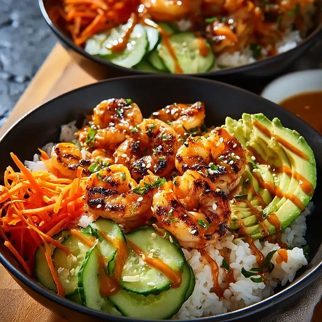 Delicious shrimp and rice bowl loaded with fresh vegetables and flavors