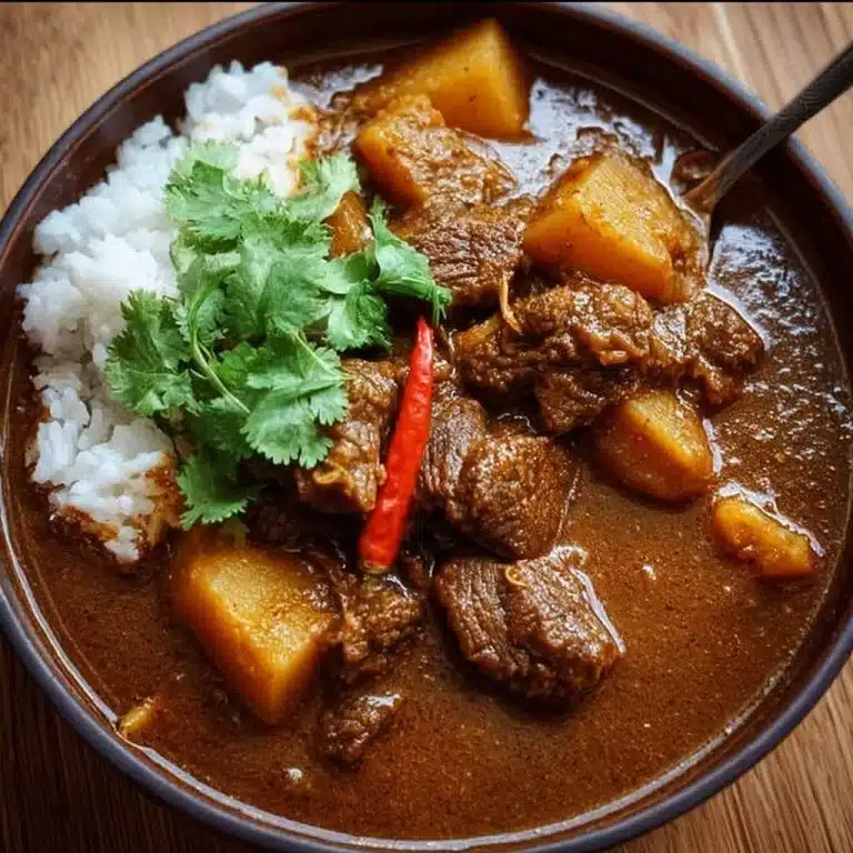 Bowl of slow cooker beef massaman curry garnished with fresh herbs