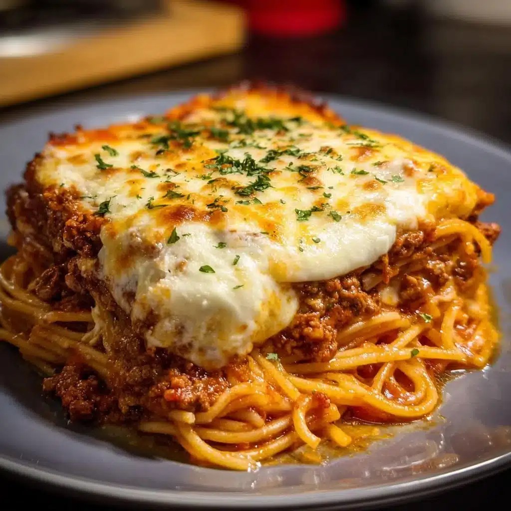Spaghetti Pie with Ricotta, Meat Sauce, and Mozzarella