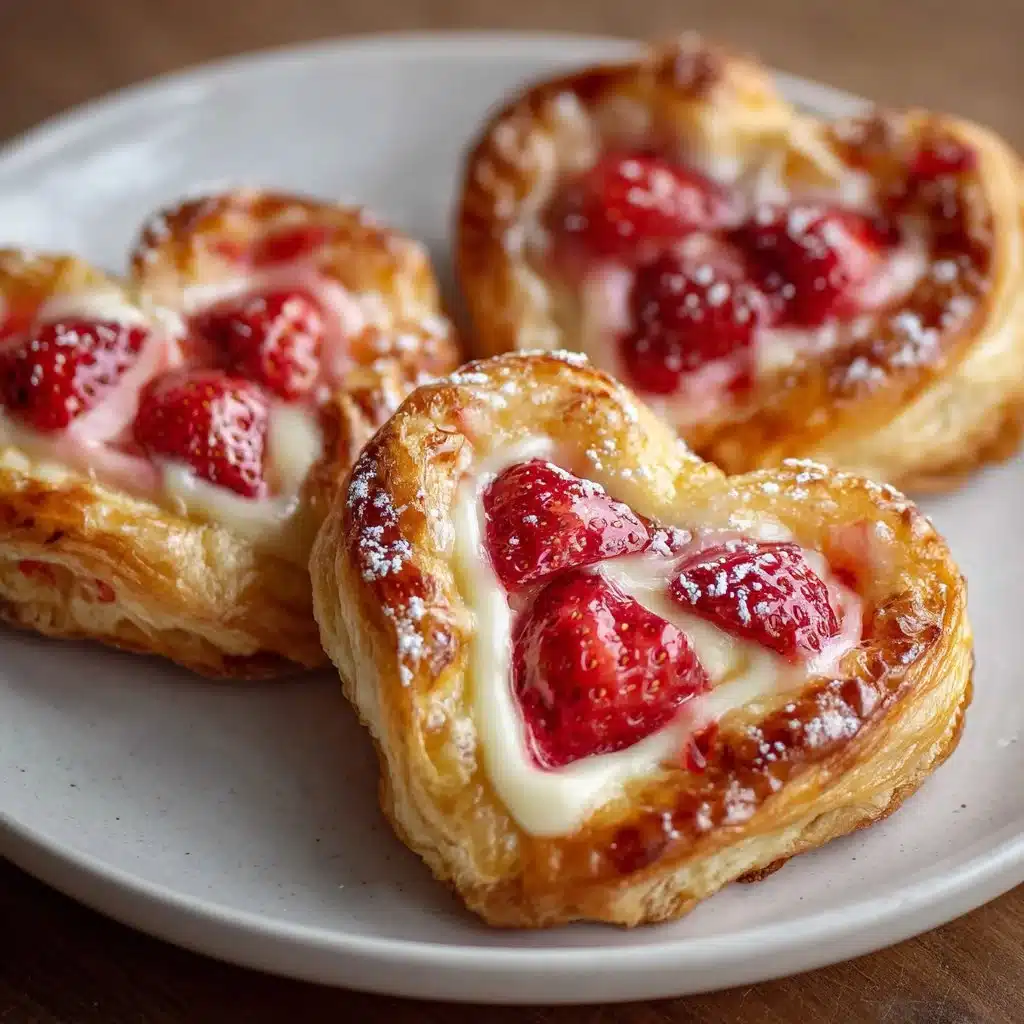 Strawberry Cream Cheese Heart Danishes 3 Heart-shaped Strawberry Cream Cheese Danishes on a plate