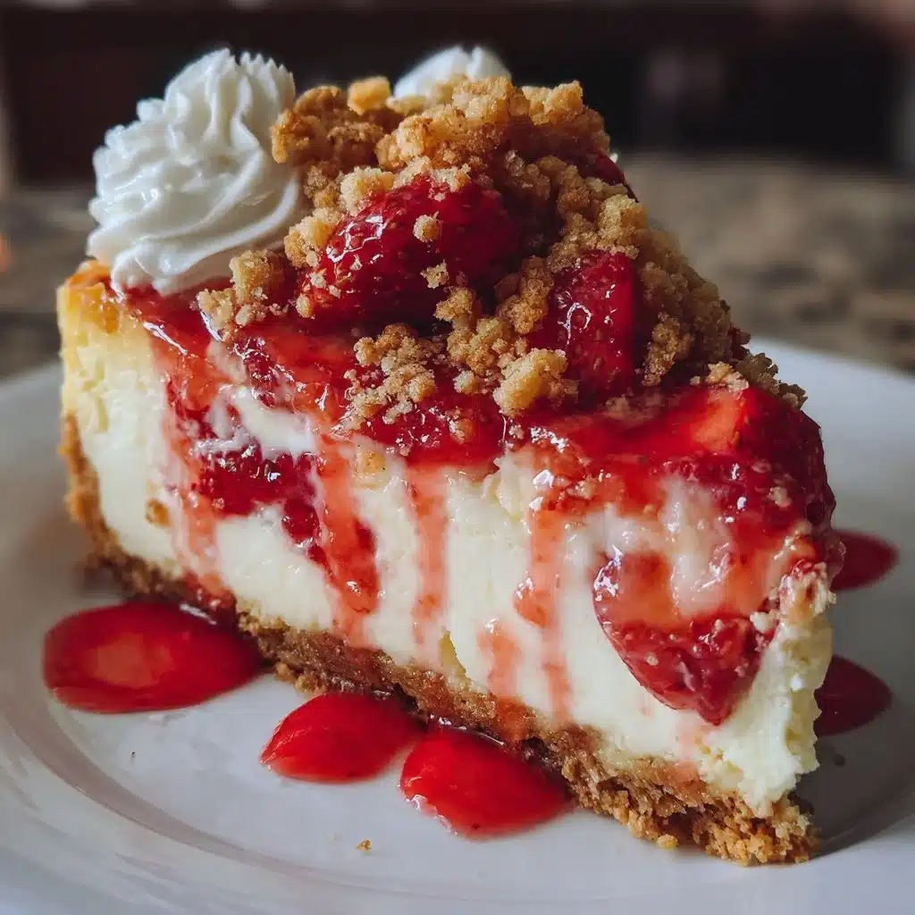 Delicious slice of Strawberry Crunch Cheesecake with vibrant strawberries and crunch topping