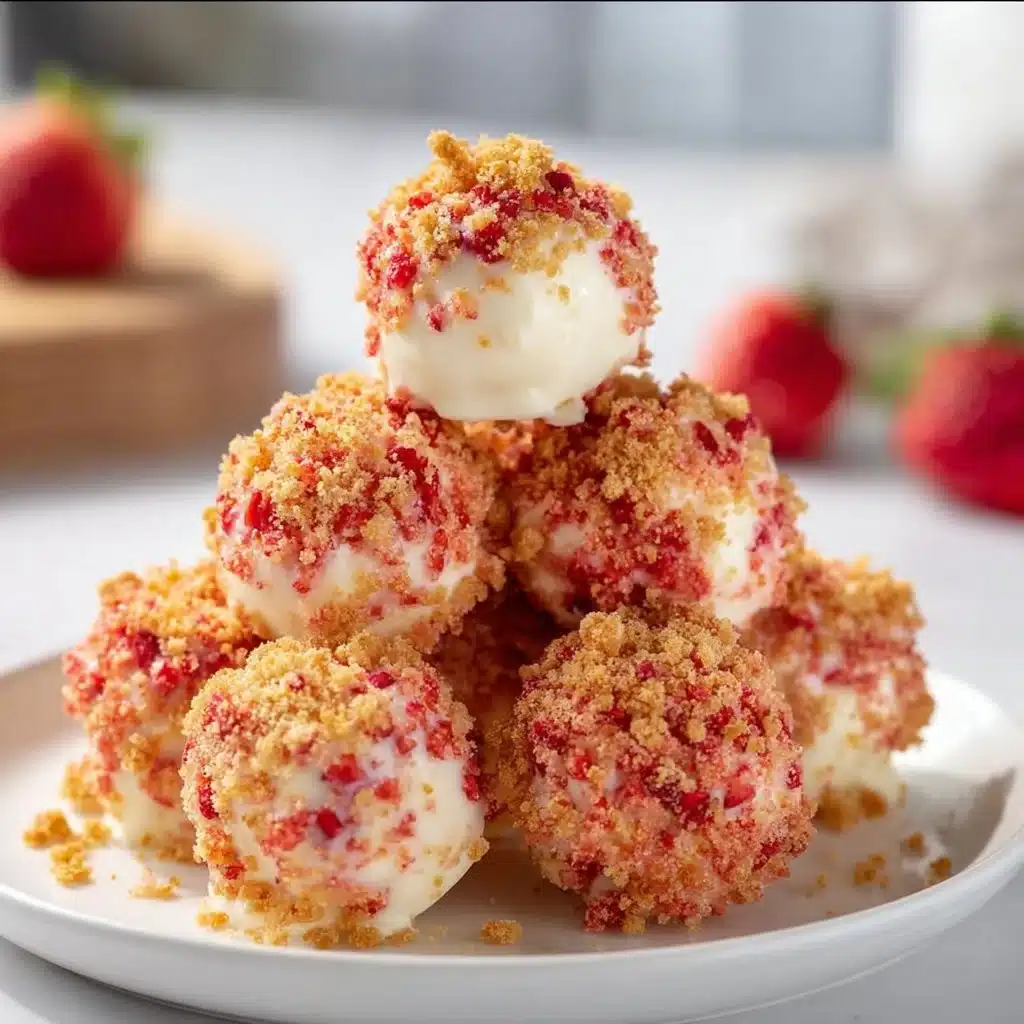Strawberry Crunch Cheesecake Bites 3 Delicious Strawberry Crunch Cheesecake Bites with creamy filling and crunchy topping
