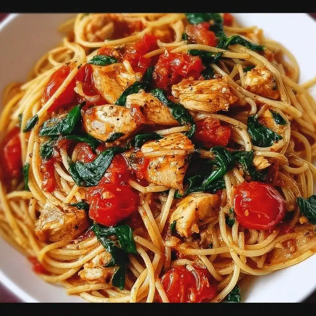 Delicious Tomato Spinach Chicken Spaghetti served in a bowl